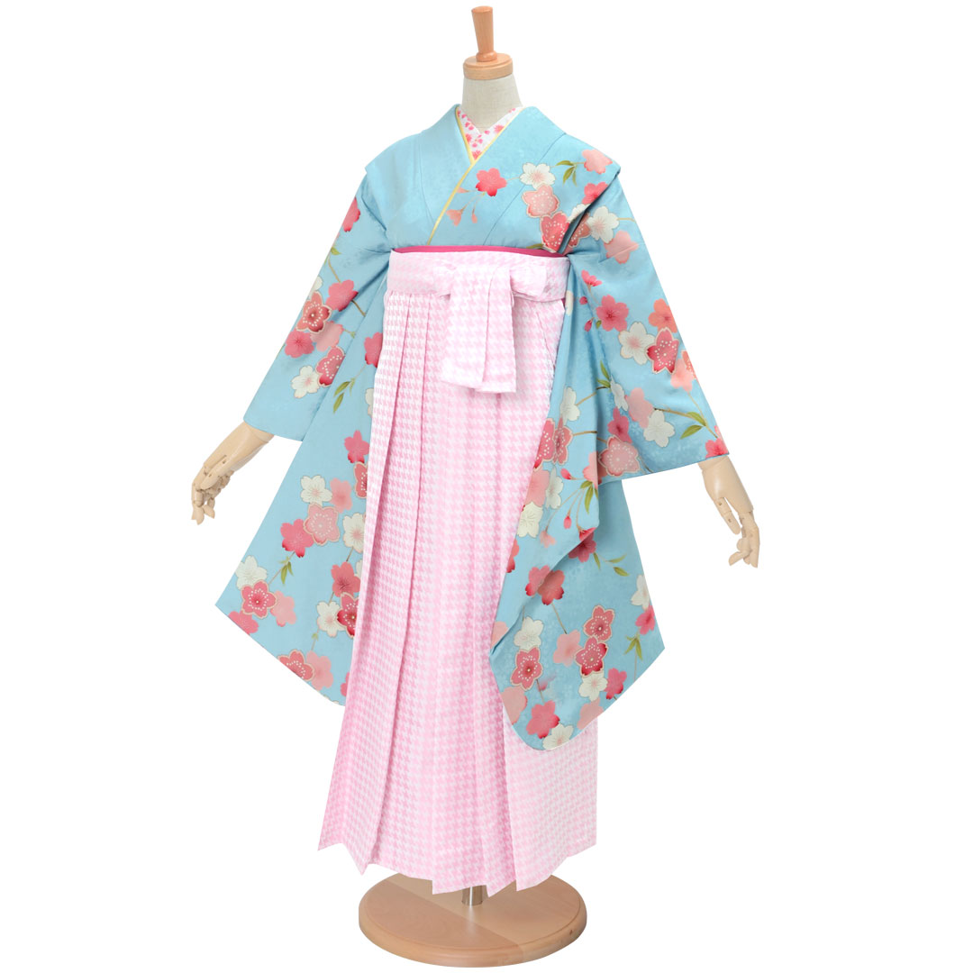 小学生袴 67 水色 枝垂桜 ピンク 絹 袴レンタル 京都着物レンタル夢館