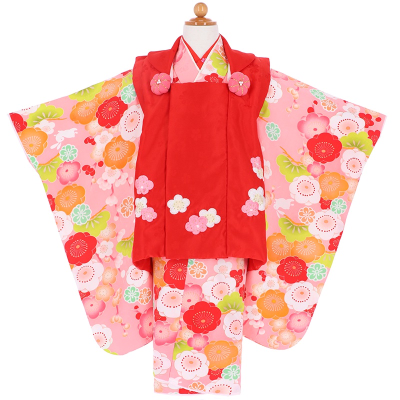 七五三被布 : K019 【三歳女児被布】赤×ピンク 梅とうさぎ(宅