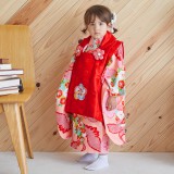 七五三被布 : K027 【三歳女児被布】赤×ピンク 鶴に梅と薬玉