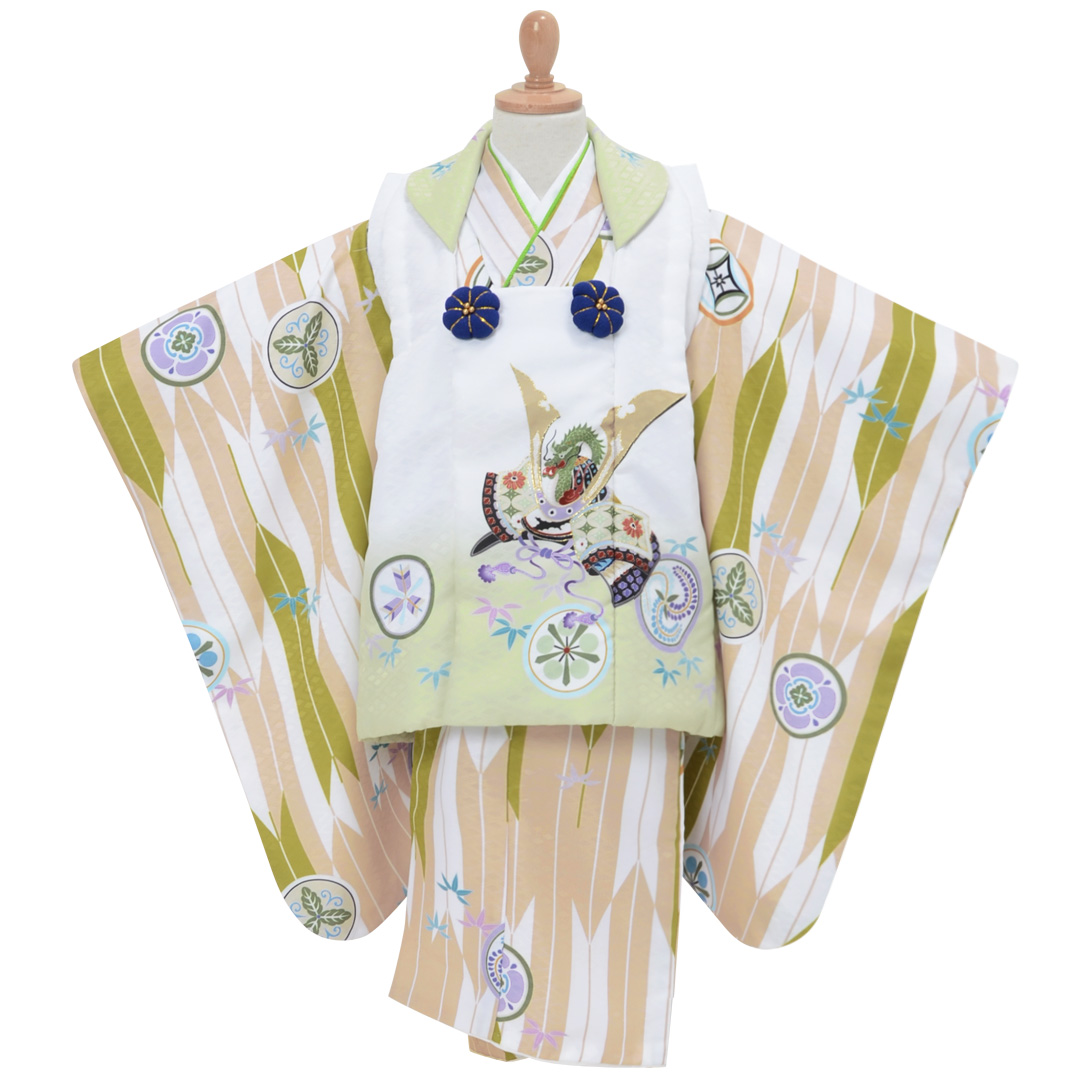 七五三 三歳 男児 被布着物フルセット 陽気な天使 兜 緑 NO39642-02 七五三レンタル(3歳男児被布)2416黄緑刺繍兜×ﾍﾞｰｼﾞｭ変わりｽﾄﾗｲﾌﾟ