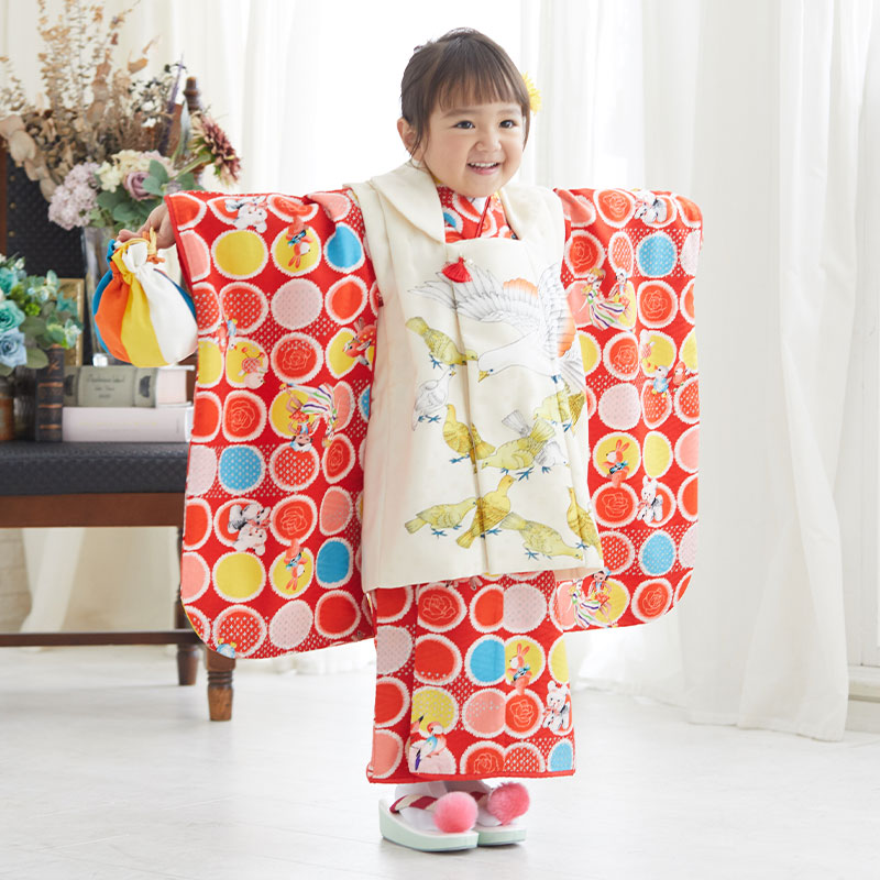 ◎509ag7◎七五三 三歳 女の子 アンティーク着物&被布 レトロ 濃朱色◎ 七五三 着物 3歳 レンタル 女の子 【朱赤桜鞠羽子板】 七五三 3