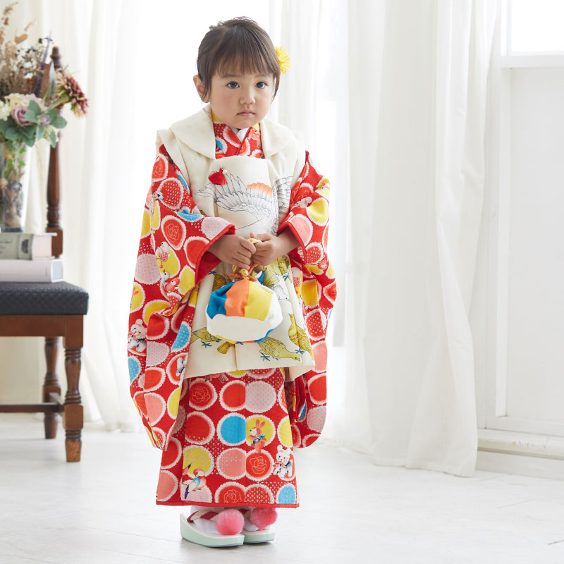 七五三被布 : モダンアンテナ K061 【三歳女児被布】黄色×赤 鳩と