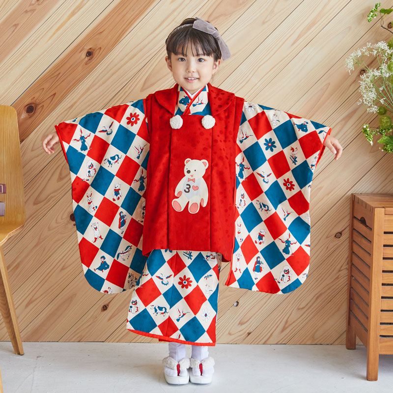 コムサデモード　七五三　女の子　３歳　着物　被布　クリーム×赤 Kisste 七五三 着物 3歳 女の子 被布セット 販売 7点 水色