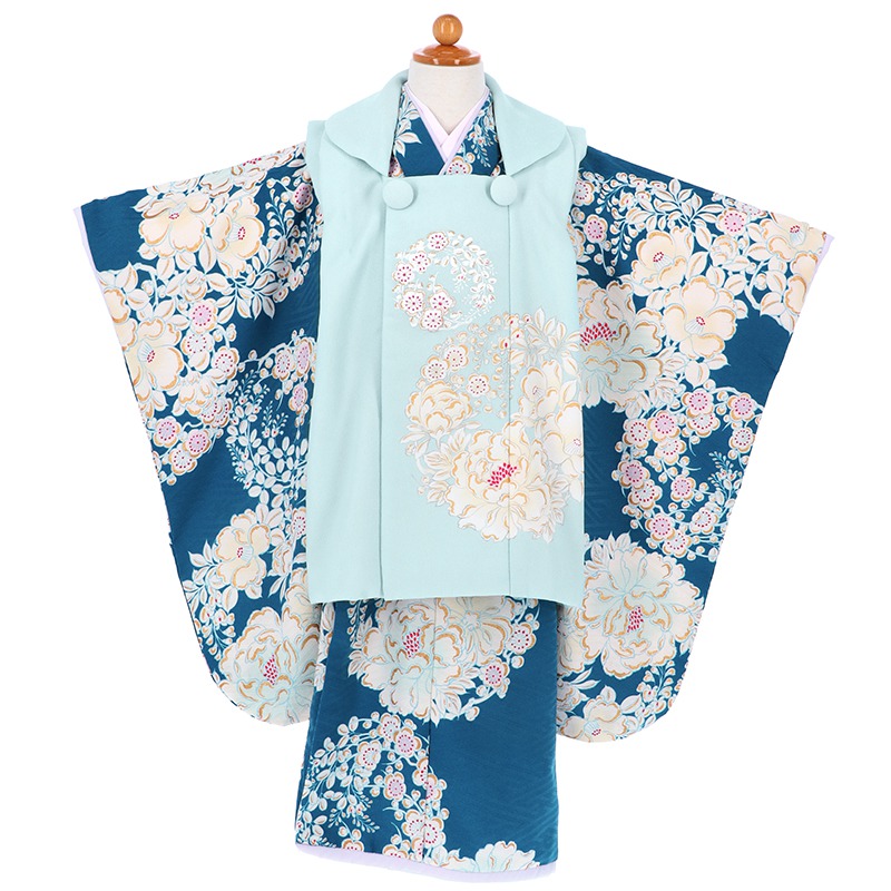 七五三被布 : NATURAL BEAUTY K072 【三歳女児被布】水色 椿に梅