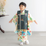 七五三被布 : 式部浪漫 K076 【三歳男児被布】深緑兜に小槌×クリーム松