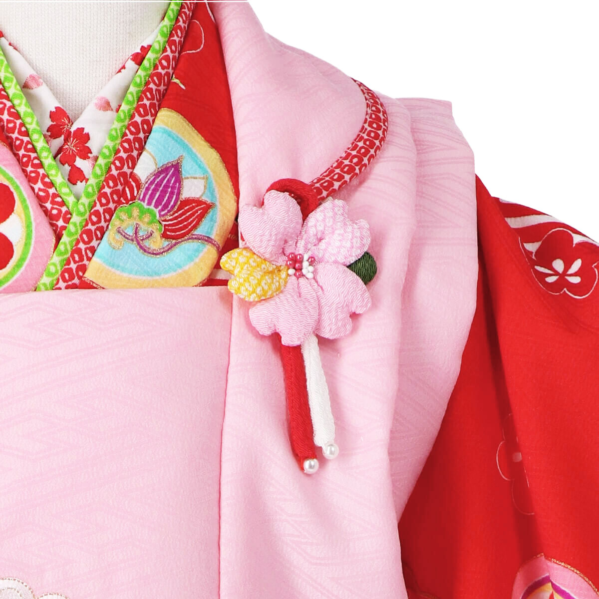 七五三被布 : 式部浪漫 K078 【三歳女児被布】ピンク×赤 松に