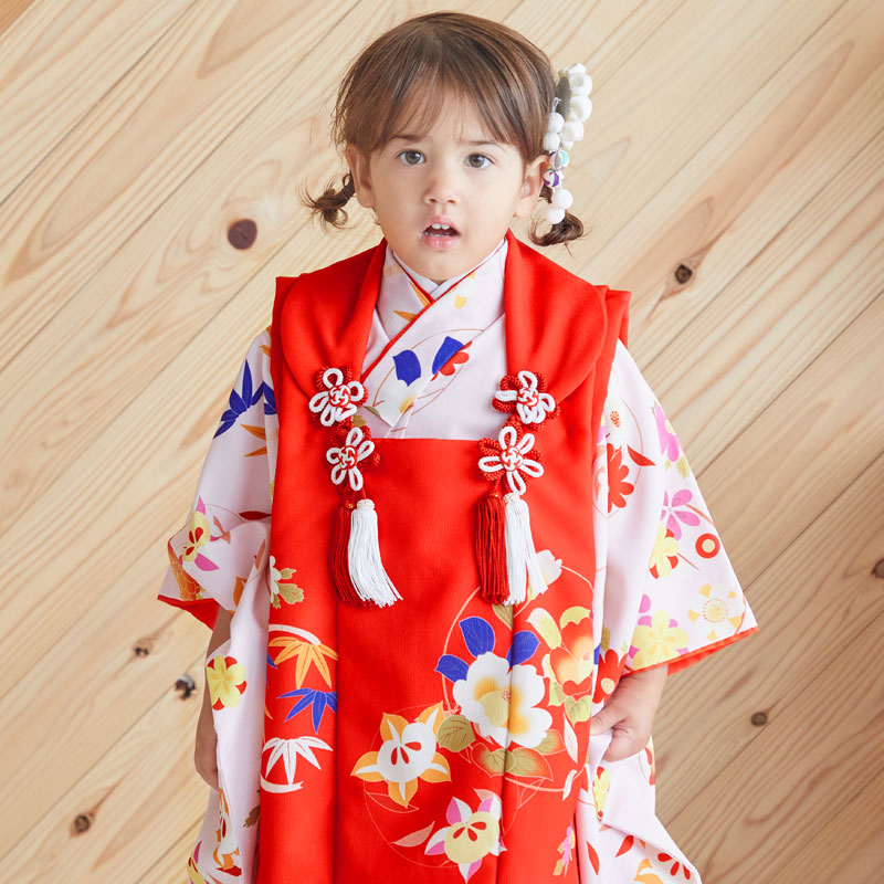 七五三 ３歳 赤被布着 七五三被布 : Shikibu Classic K082 【三歳女児被布】赤×ピンク 椿に橘