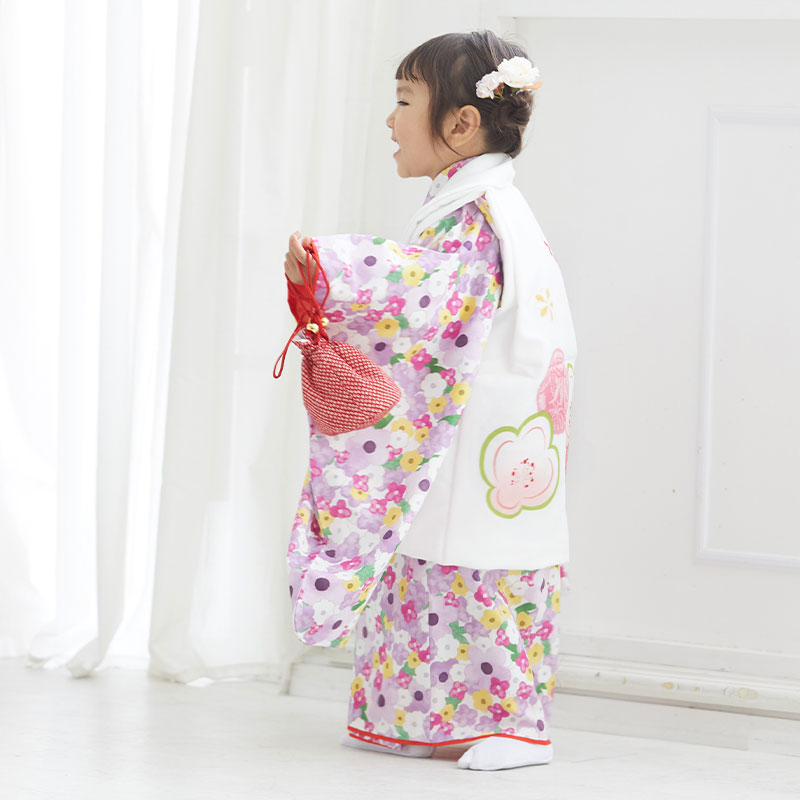 七五三被布 : KAGURA K083 【三歳女児被布】白×白 紫梅小紋(宅