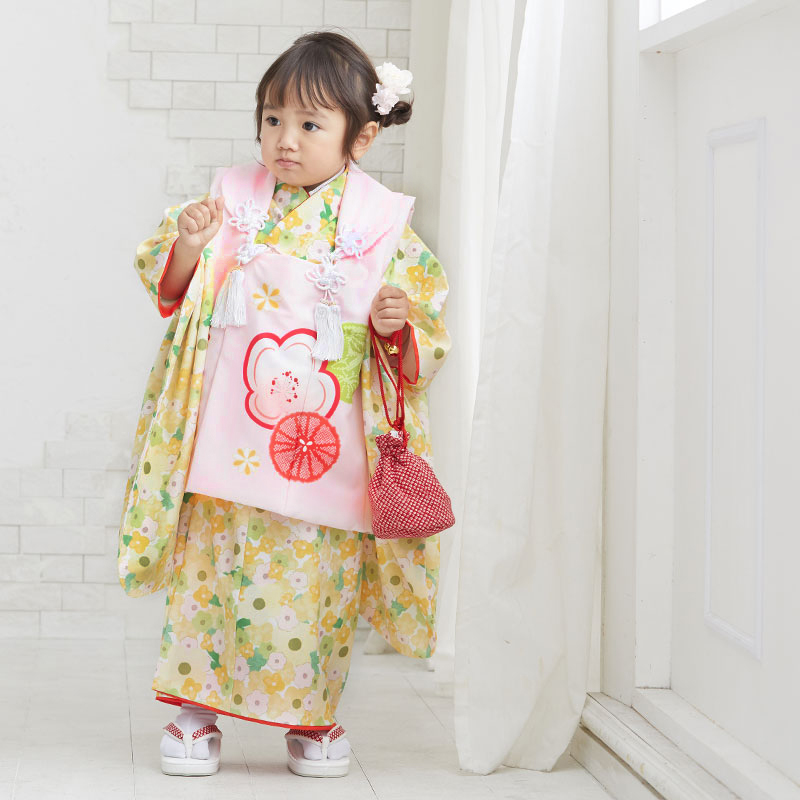 408ag57◎七五三 三歳 女児 着物&被布&長襦袢一つ身一つ紋◎状態良好