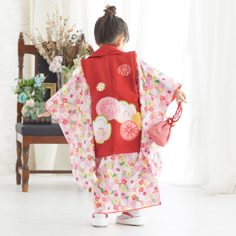 七五三被布 : KAGURA K085 【三歳女児被布】赤×白 ピンク梅小紋(宅