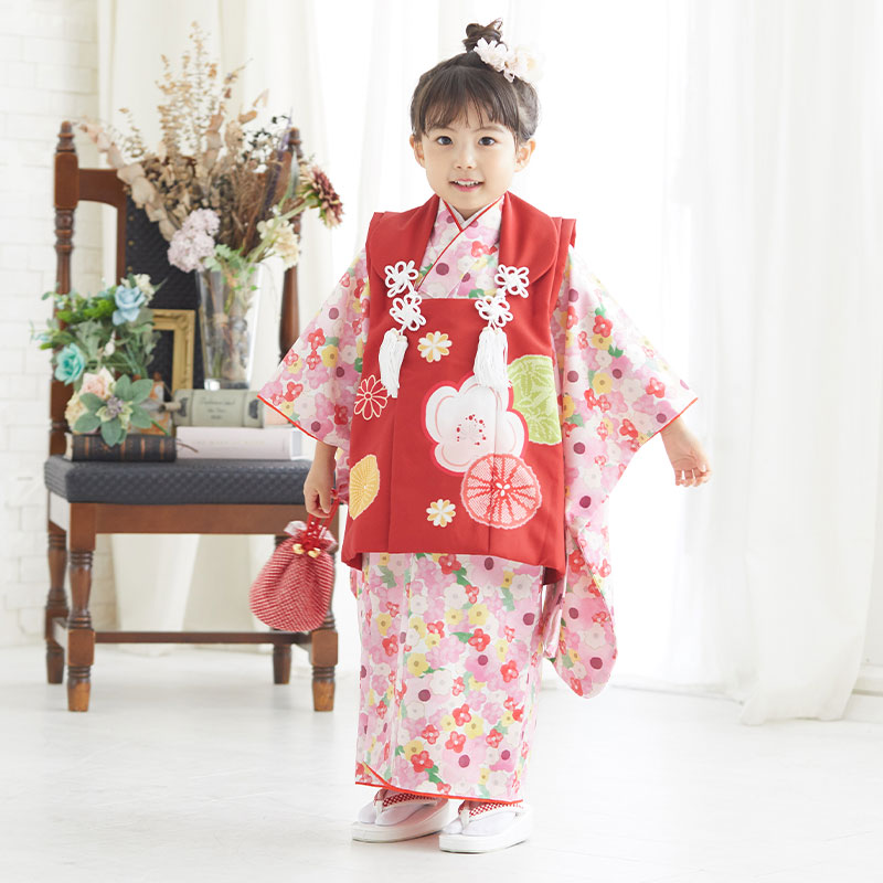 七五三被布 : KAGURA K085 【三歳女児被布】赤×白 ピンク梅小紋(宅 