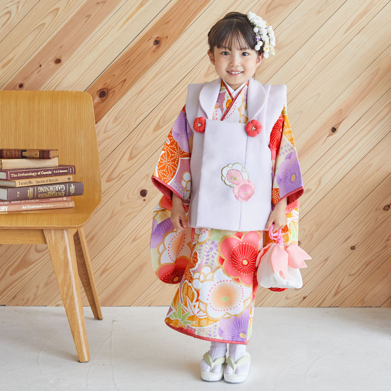 57cm裄女の子 七五三 3歳 被布 着物セット 青 水色 白 古典 梅 桜 S14 