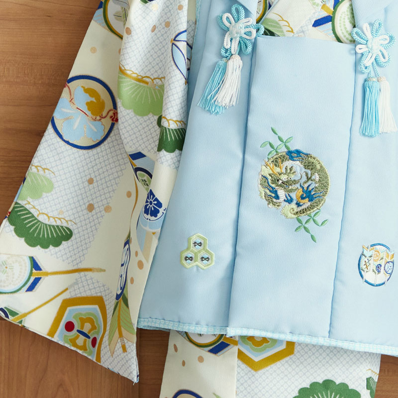 七五三被布 : K098 【三歳男児被布】水色龍×鼠クリーム疋田松矢
