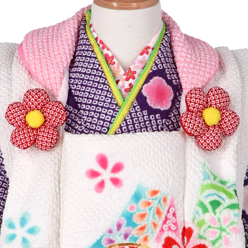七五三レンタル(3歳女の子被布)3697 正絹 白赤雲取りx赤梅絞り