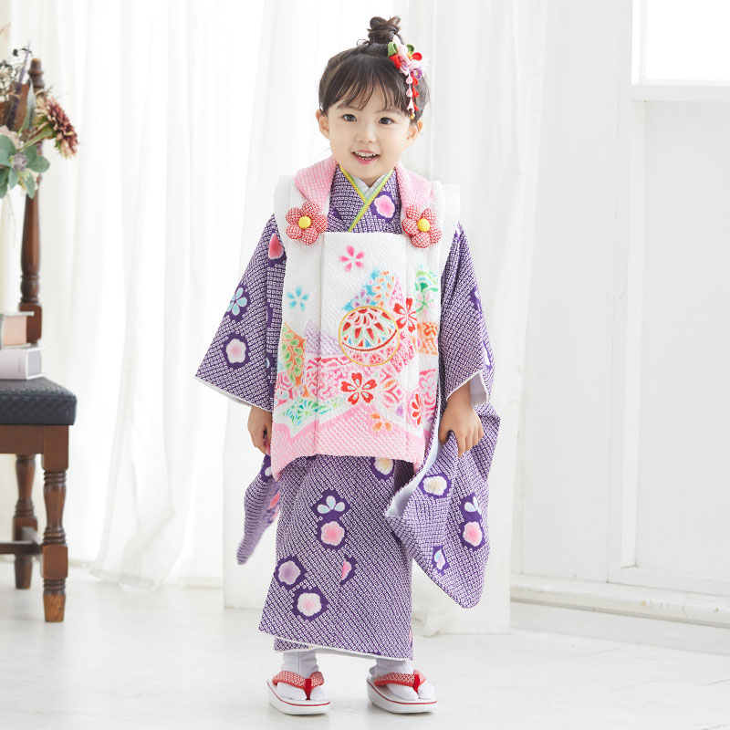 hakuの七五三七五三 女の子 三歳用 一つ身　ちりめん　絞り　刺繍入　振袖　着物　被布　セット