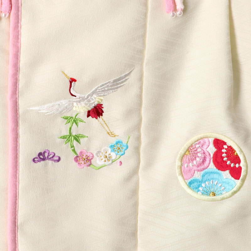 七五三被布 : 式部浪漫 K131 【三歳女児被布】クリーム鶴×ヒワブルー鶴