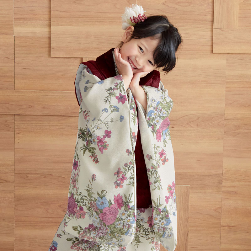 七五三被布 : K152 【三歳女児被布】ベロア ボルドー無地×淡い