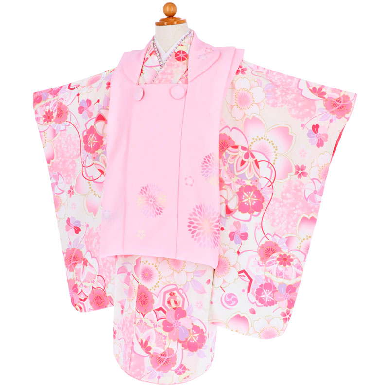七五三被布 : KAGURA K156 【三歳女児被布】薄ピンク菊×オフホワイト桜