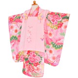 三歳★式部浪漫ミント＆ピンク着物★小町キッズ被布 七五三被布 : 式部浪漫 K159 【三歳女児被布】淡ピンク花々