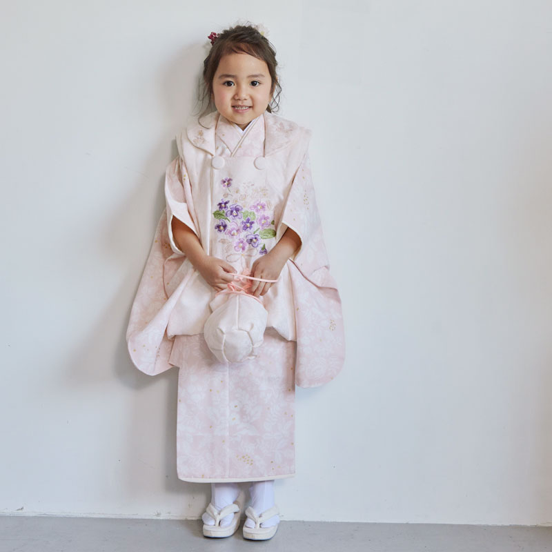 七五三被布 : Kami Shibai K165 【三歳女児被布】クリーム菫×薄ピンク 