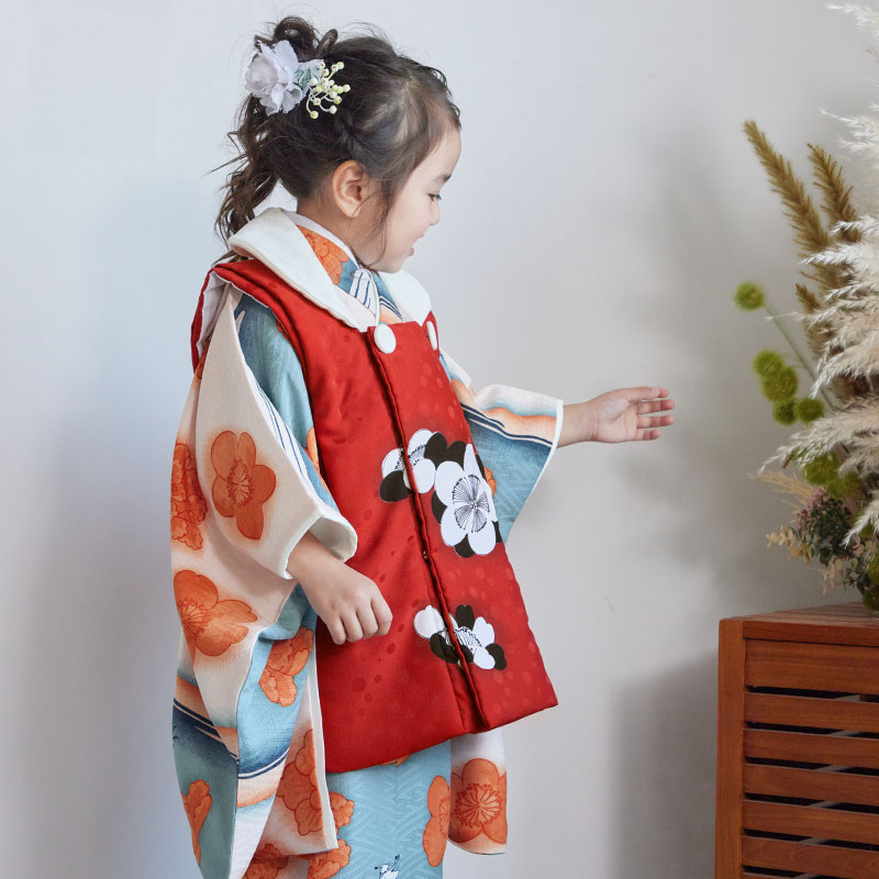 コムサデモード　七五三　女の子　３歳　着物　被布　クリーム×赤 jp-kkf-25_01.jpg