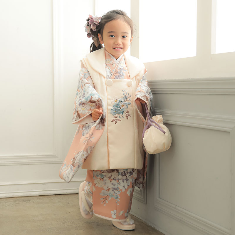 くすみピンクの被布と小花柄着物セット ３歳女の子 - 七五三