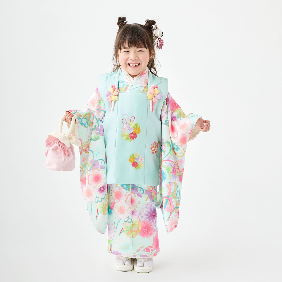 七五三被布 : 式部浪漫 K234 【三歳女児被布】水色花丸文x水色花薬玉