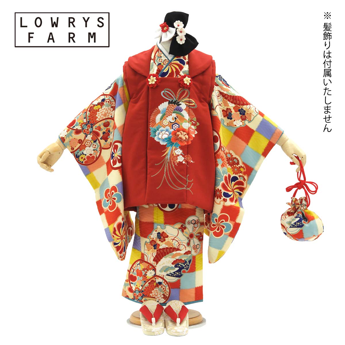 七五三被布 : LOWRYS FARM K249 【三歳女児被布】赤向かい鶴xクリーム