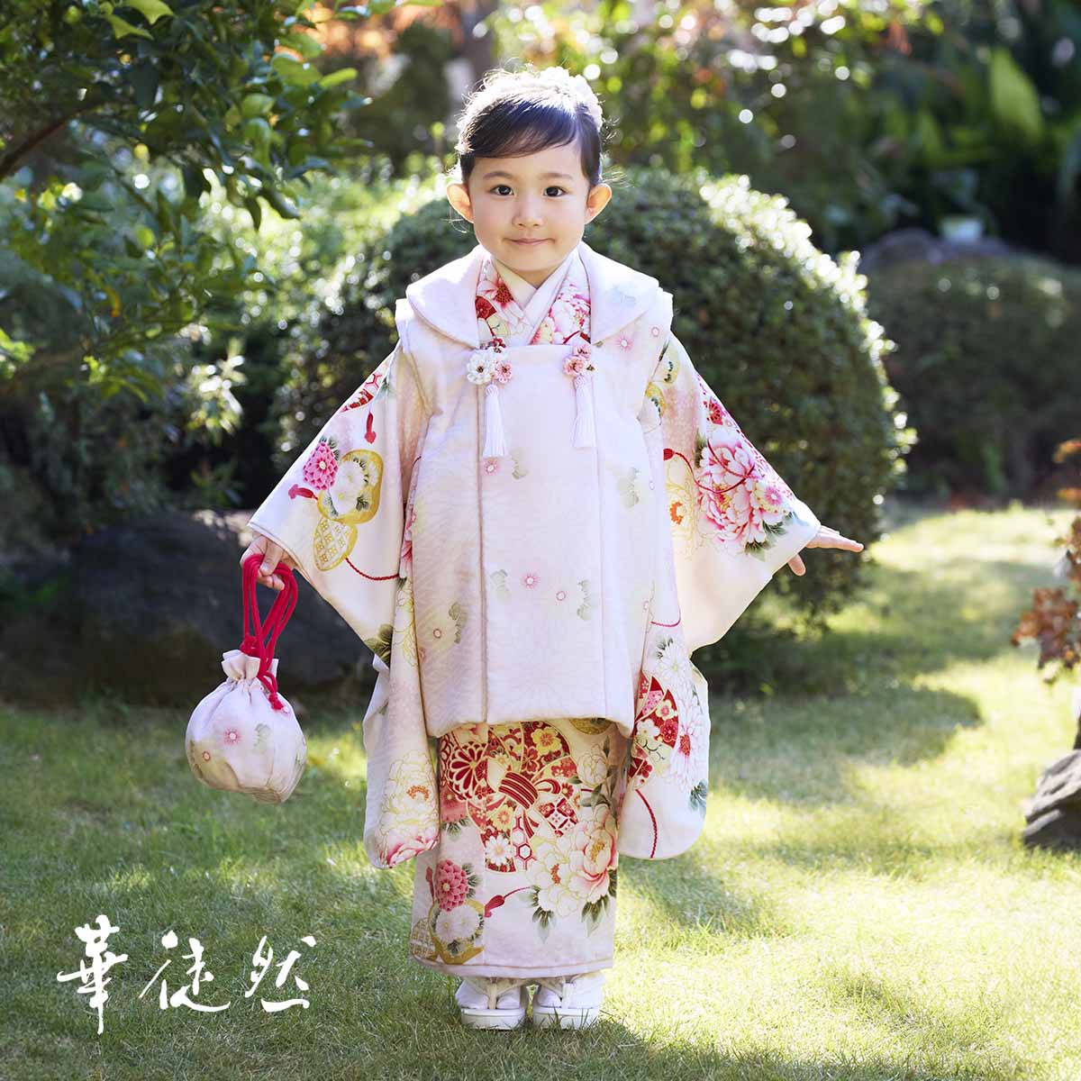 七五三被布 : 華徒然 K263 【三歳女児被布】桜色菊×クリーム牡丹に熨斗