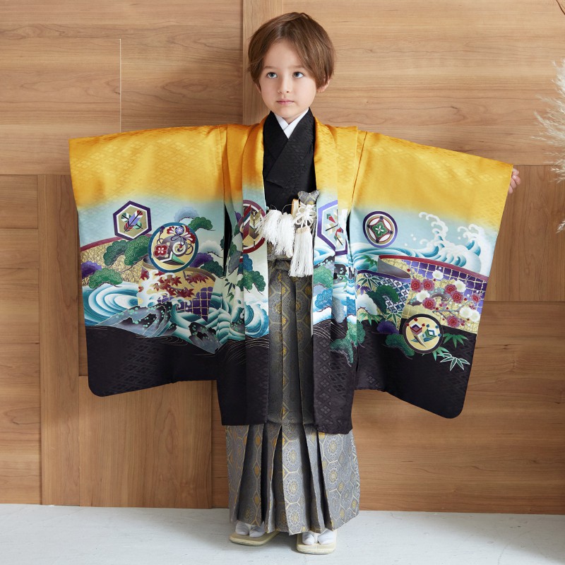 男児袴：BY024 【五歳】薄橙色×黒 鷹に波と菱格子 七五三男児袴