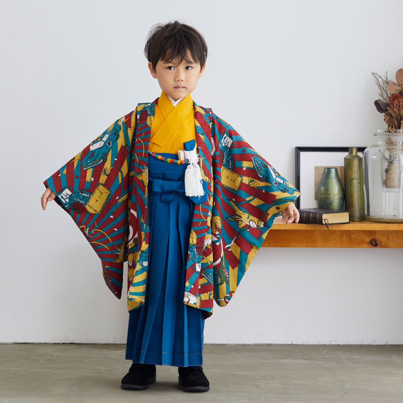 男児袴：BY040 【五歳】青緑×赤と黄色 恐竜と乗り物 七五三男児袴 