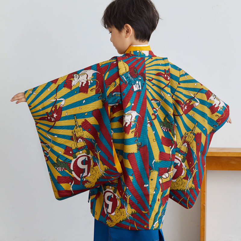 七五三　3歳　男の子　袴 男児袴：BY040 【五歳】青緑×赤と黄色 恐竜と乗り物 七五三男児