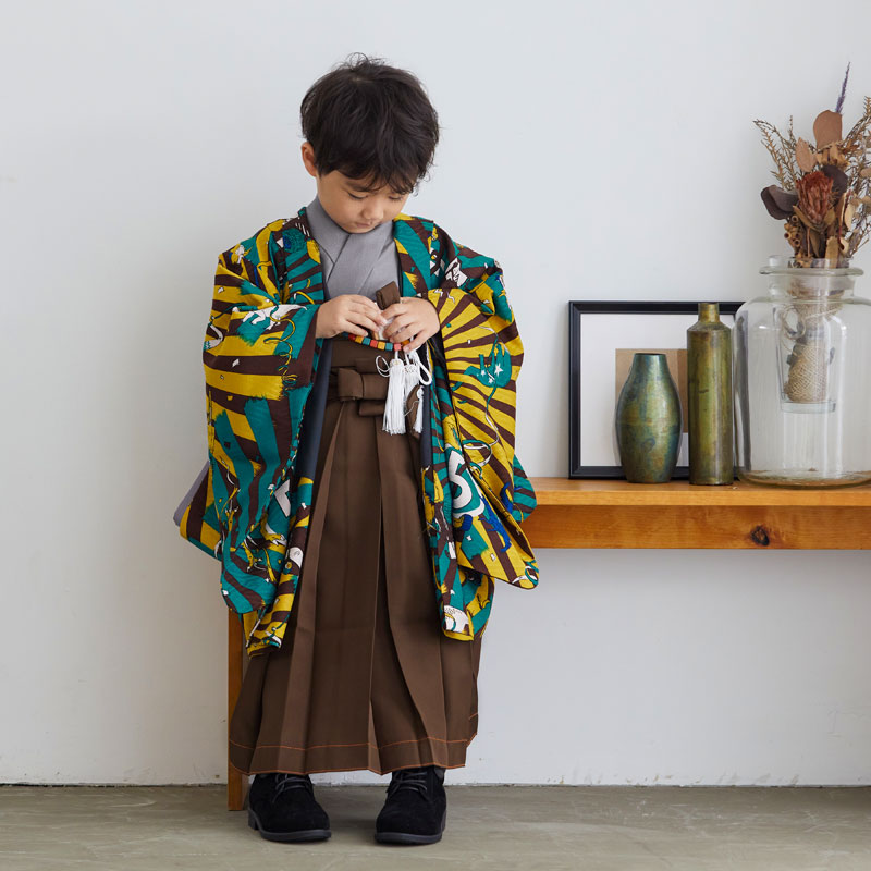 男児袴：BY041 【五歳】青緑×黄とグレー 恐竜と乗り物 七五三男児袴
