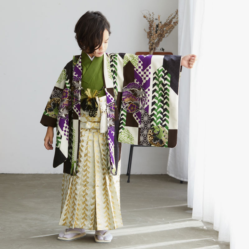 男児袴 By042 五歳 黒 抹茶 鶴亀に松竹梅と鯉 七五三男児袴レンタルセット 京都着物夢館