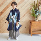 【5歳】七五三　袴 男児袴：BY071 【五歳】紺兜に絵巻物×黒縞 七五三男児袴レンタル