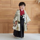 男児袴：BY106 【三歳】ベージュ鷹の丸文×黒茶縞 七五三男児袴