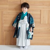 紺地縦縞袴♡七五三　5歳　男の子　フルセット　一式　鷹 男児袴：BY107 【三歳】紺鷹の丸文×灰銀縞 七五三男児袴レンタルセット