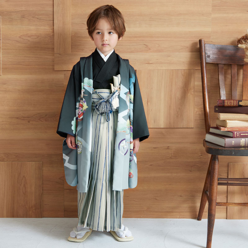 七五三 五歳 男児 羽織袴フルセット 黒地 袴変更可能 NO34282 - 和服/着物