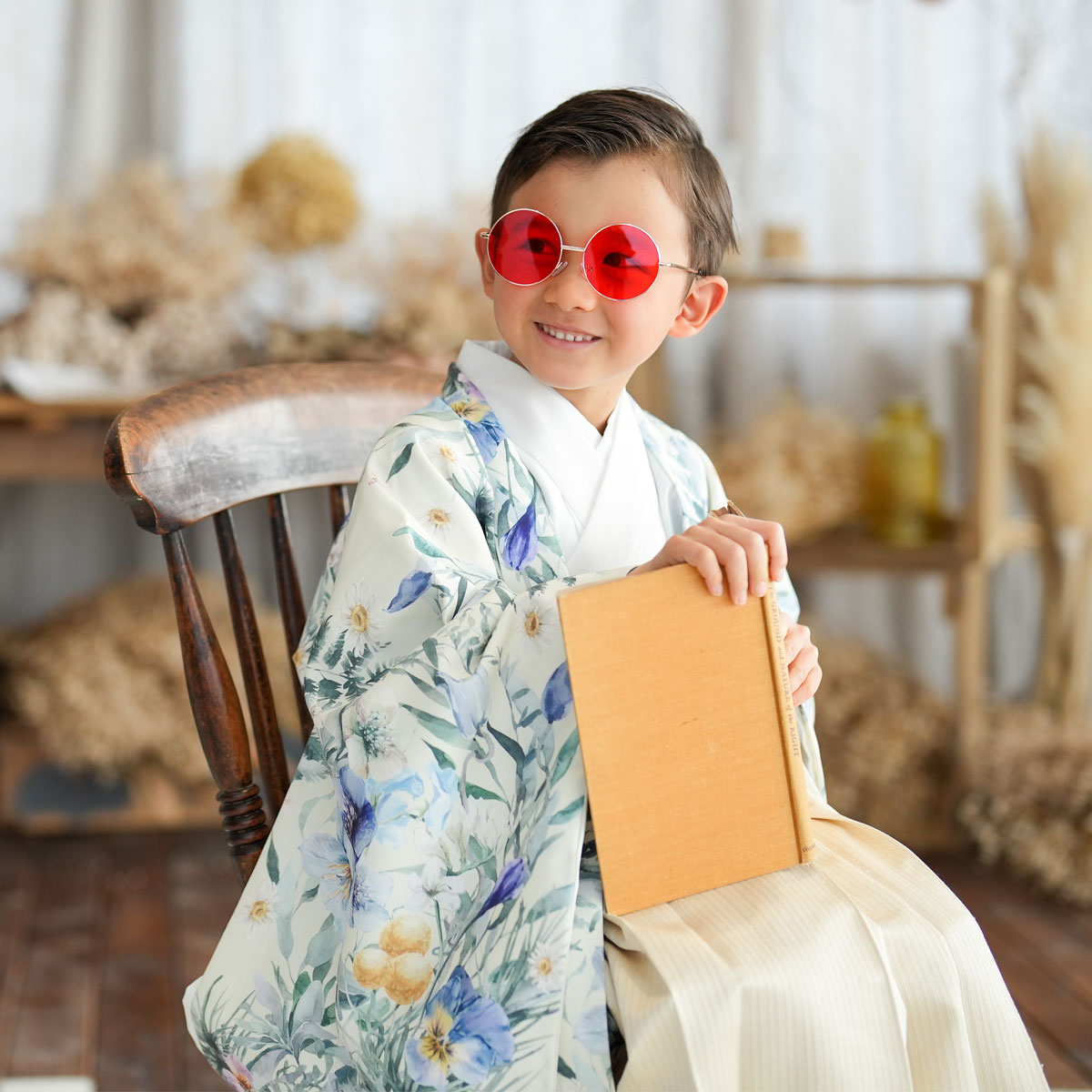 男児袴：BY157 【五歳】ICHIHA クリーム フラワー×白金縞 七五三男児袴