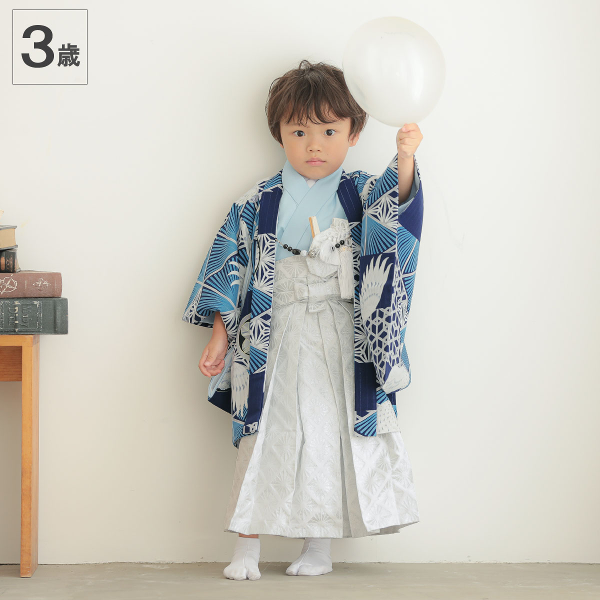 男児袴：BY158 【三歳】ブルー鷹に麻の葉×白菊格子 七五三男児袴