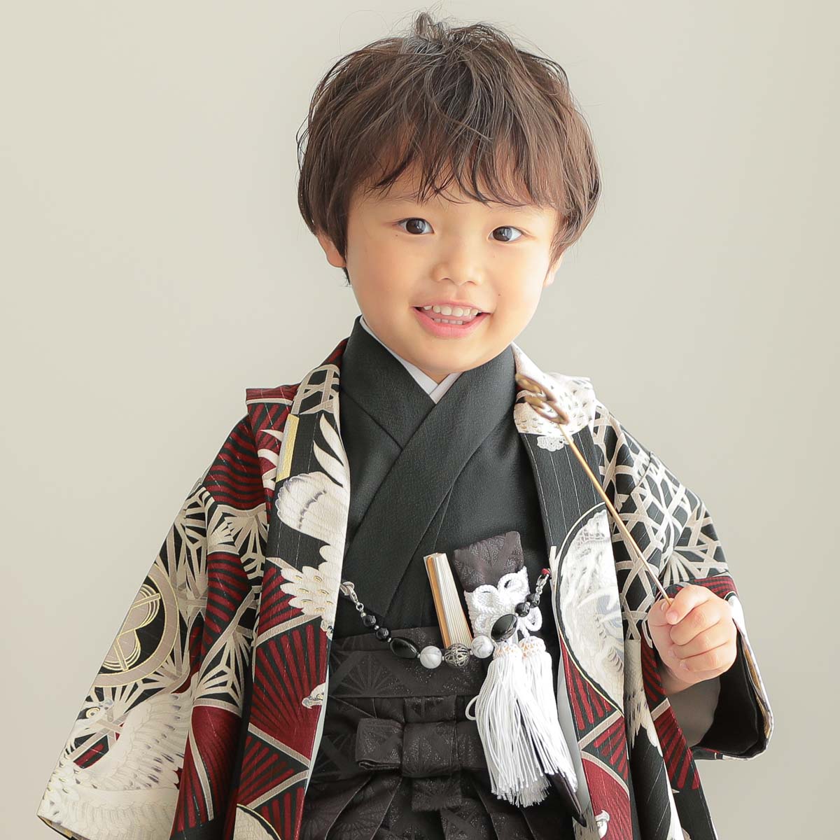 男児袴：BY159 【三歳】赤鷹に麻の葉×焦茶菊格子 七五三男児袴レンタル