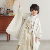 602ab35■袴 ジュニア 男児 白金 (紐下丈 69cm)踊り 節句 卒園式 男児袴：BY185 【五歳】白 フラワーxベージュ縞 七五三男児袴レンタル