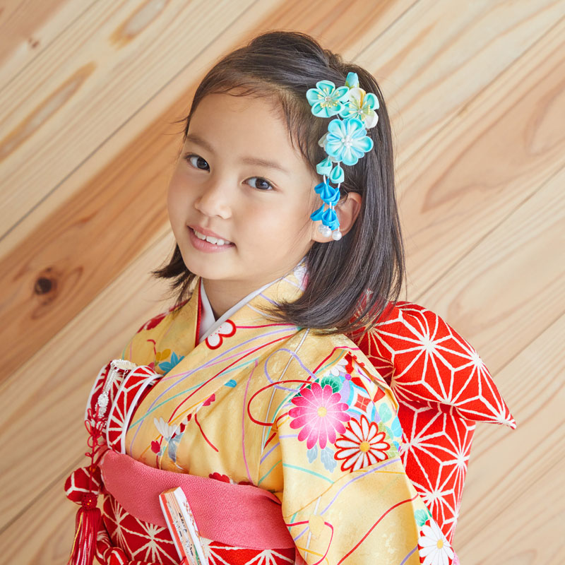 七五三七歳四つ身：N006 黄色 花くす玉 | 七五三着物レンタル | 京都