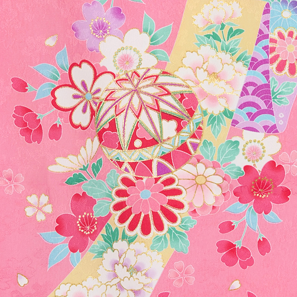 七五三七歳四つ身：N024 ピンク 毬と桜熨斗☆ | 七五三着物レンタル