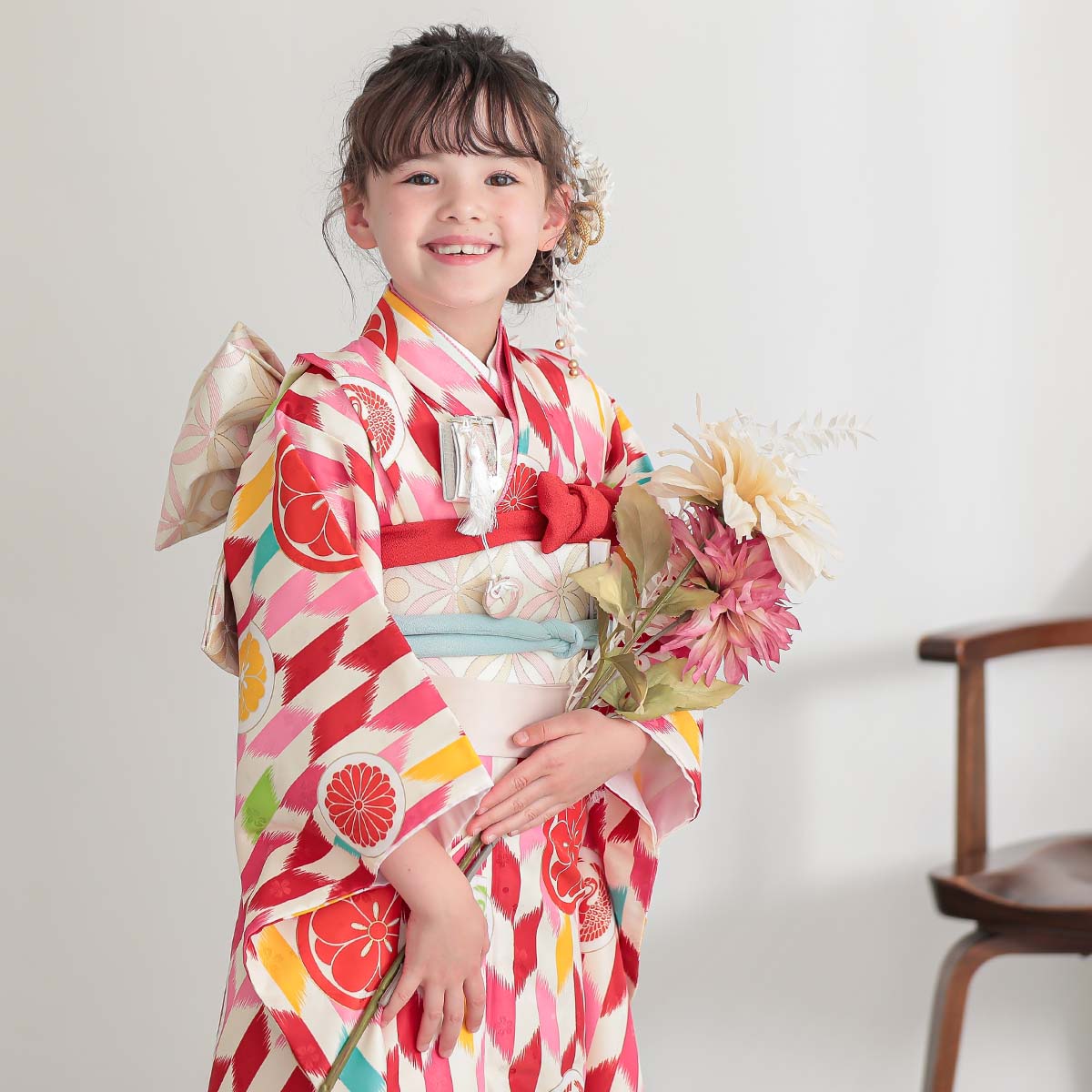 七五三七歳四つ身：N029 薄黄 矢羽根に丸文様 | 七五三着物レンタル