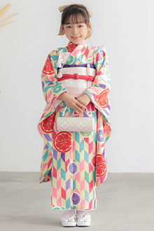 七五三七歳四つ身：N029 薄黄 矢羽根に丸文様 | 七五三着物レンタル