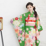 七五三七歳四つ身：N034 紅一点 緑 菊に桜楓 | 七五三着物レンタル
