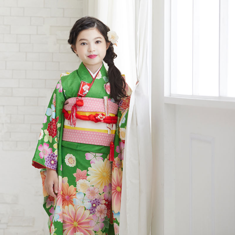 七五三七歳四つ身：N034 紅一点 緑 菊に桜楓 | 七五三着物レンタル