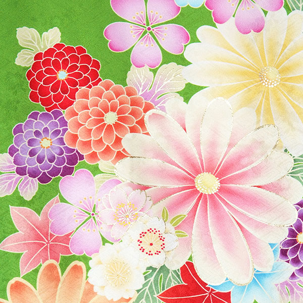 七五三七歳四つ身：N034 紅一点 緑 菊に桜楓 | 七五三着物レンタル