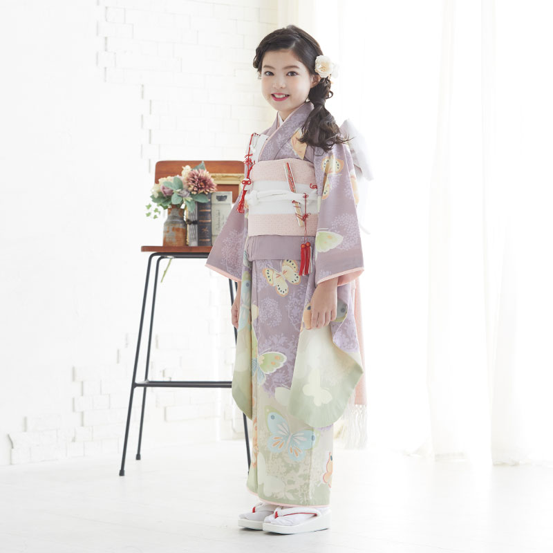新品未使用品薄紫着物と作り帯☆七五三３歳セット 七五三七歳四つ身：N041 JILL STUART 薄紫 蝶々 | 七五三着物レンタル